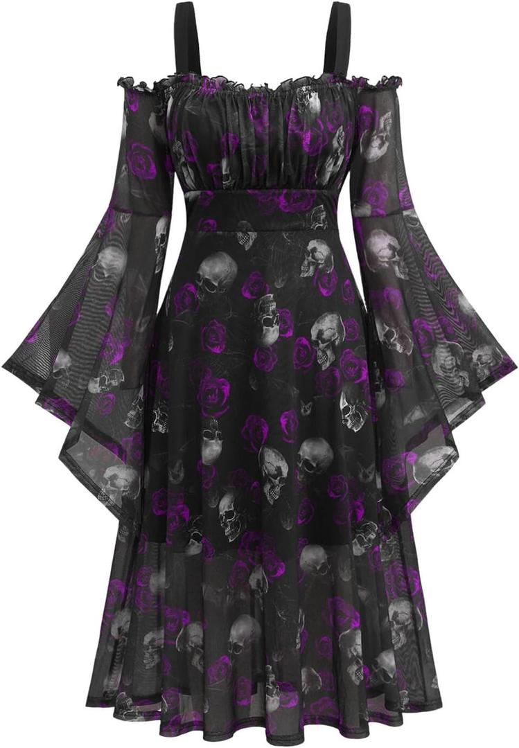 ROSE GAL Rosegal Plus Size Women Medieval Gothic Bell Sleeves Cold Shoulder Skulls Dress Halloween Dress (XL)