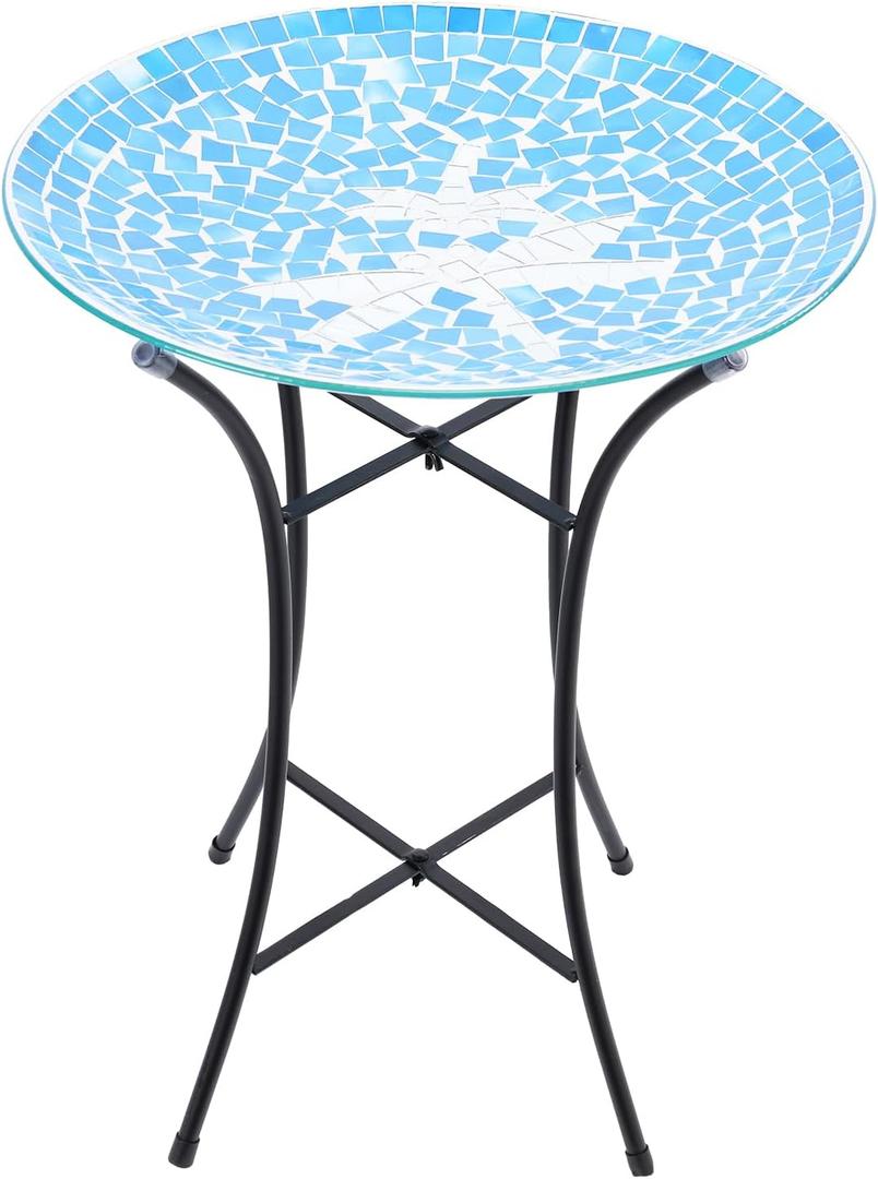 MUMTOP Mosaic Glass Bird Baths, 14 Inch Width Outdoor Garden Dragonfly Bird Bath Bowl with Metal Stand, Unique Glass Birdbaths Bird Feeder for Yard Decor, 19.68 Inch Height (Multi-Blue)