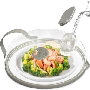 Microwave Splatter Cover with Water Steamer for Food - 10 Inch Steam Microwave Splatter Guard with Handle Plate Covers for Heating Food Splash Oven Lid with Built in Steamer (Grey)