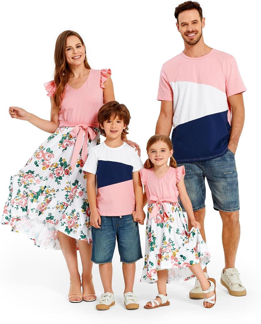 PATPAT Family Matching Outfits Mommy and Me Outfits Floral Dress & Tee Sets | Couples Matching Outfits, Women Girl Flutter Sleeve Dress, Men Boy Cotton Blend T-shirts, Beach Vacation, Family Photoshoot (Pink, XL)