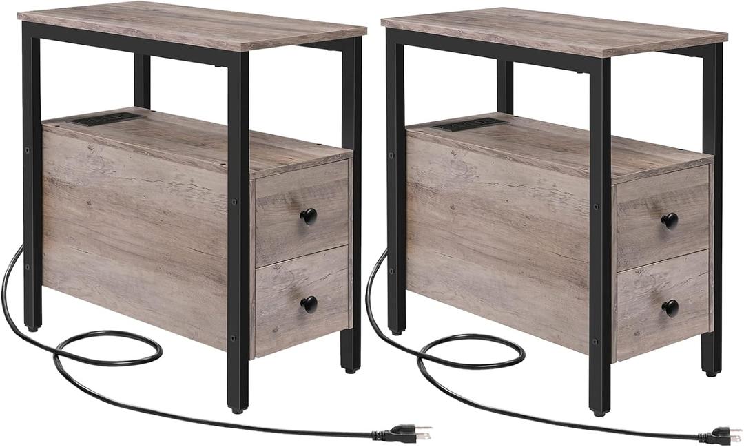 HOOBRO Set of 2 End Tables with Charging Station, Narrow Side Table with Drawers & USB Ports & Power Outlets, Nightstand for Small Spaces, Living Room, Stable, Greige and Black BG541BZP201