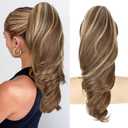 Lommel Ponytail Extension 18Inch Claw Clip Ponytail Extension Brown with Light Blonde Highlights Wavy Curly Claw Clip in Ponytail Hair Extensions, Natural Fake Ponytail Synthetic Hairpiece for Women