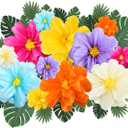 Watersay 42 Pcs Tissue Paper Flowers Faux Palm Leaves Set 12 Pcs 20''/10'' Colorful Giant Paper Flowers and 30 Pcs Tropical Leaves for Summer Hawaiian Luau Mexican Fiesta Birthday (Bright Colors)