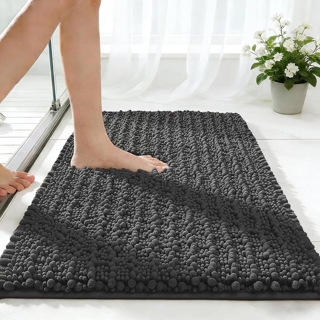 ILANGO Bathroom Rugs Dark Grey 24x17,Extra Soft Absorbent Chenille Bath Rugs,Thick Non-Slip Shaggy Bath Mat,Machine Washable Quick Dry Bath Mats for Bathroom Floor, Tub, Shower Accessories