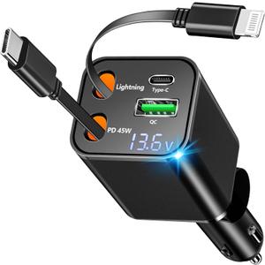 [Apple MFi Certified] Retractable Car Charger, Linocell 120W USB C Car Charger 4 in 1 PD/QC Type C Fast Charging Cigarette Lighter Adapter for iPhone 17/17 Pro Max/16/15/14/13/12/Galaxy S25/S24/Pixel