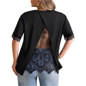 Verdusa Women's Plus Size Lace T Shirts Short Sleeve Asymmetrical Tops Loose Fit Going Out (Black)