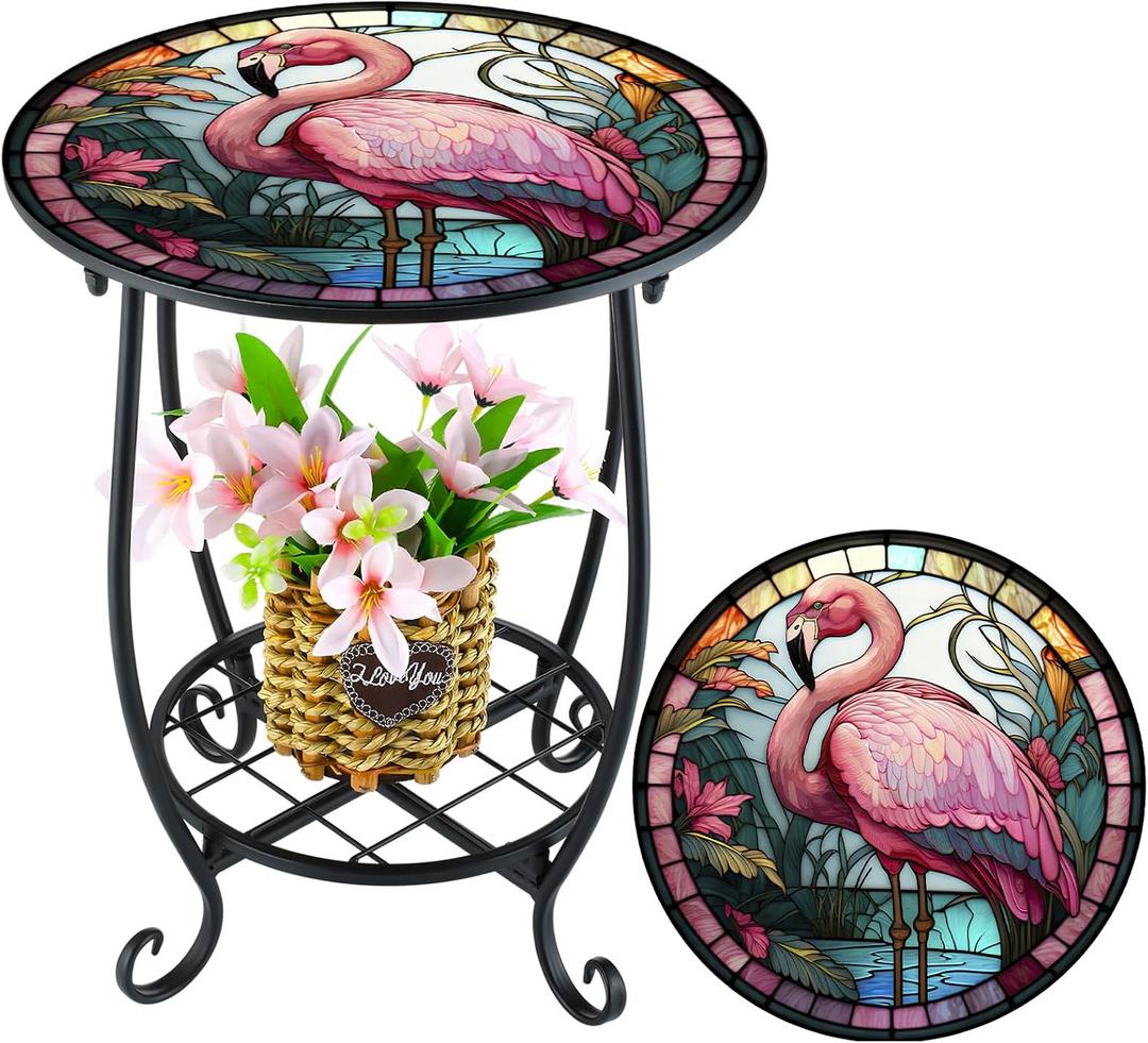 Cinnvoice Outdoor Side Table Round Small Mosaic Patio Accent Indoor End Plant Coffee Tea Table for Yard Patio Porch Garden Living Room, Bedroom(Flamingo Style,14 Inch)