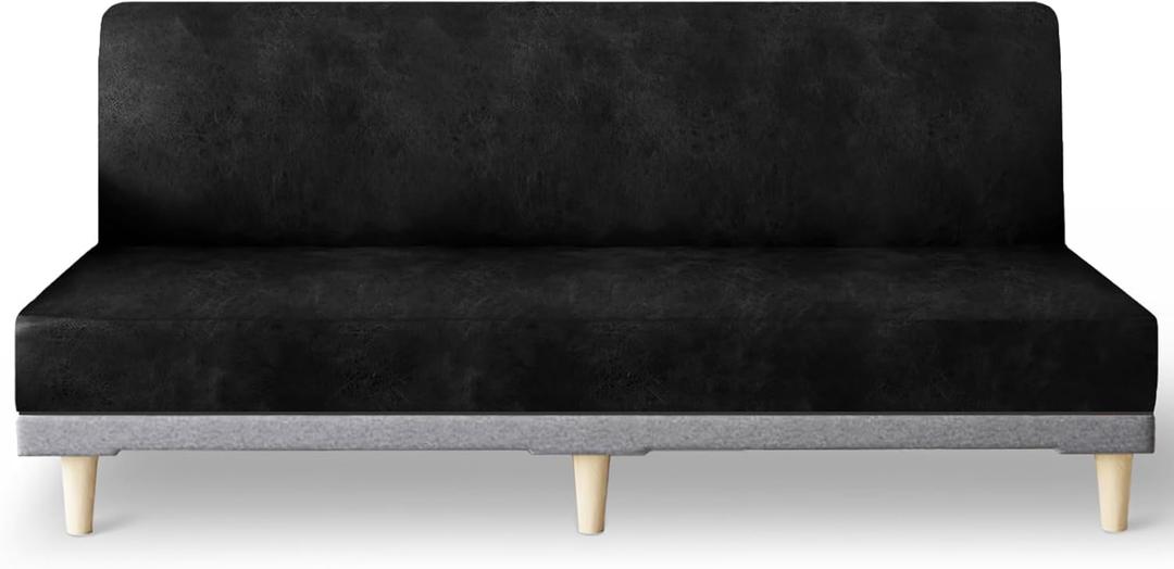 molasofa Leather Like Stretch Futon Slipcover Armless Futon Bed Sofa Cover Furniture Protector with Elastic Bottom, Soft and Washable Futon Cover for Sofa Bed Stay in PlaceLargerBlack