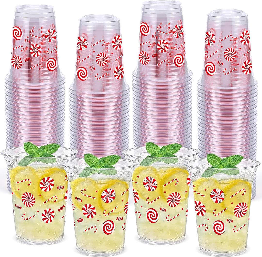 Honeydak 50 Pcs Christmas Cups 12 oz Christmas Candy Cane Plastic Cups Clear Winter Disposable Glasses Xmas Theme Drinking Glasses for Home Xmas Winter Holiday Party Favors Kitchen Supplies Decoration