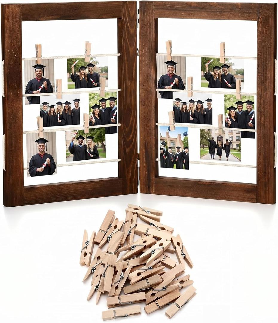 Geelin 14 x 20 Inch Photo Display Board with Clip Farmhouse Picture Display Wooden Rustic Freestanding Picture Collage Frame Wedding Tabletop Decor for Home Dorm (2 Panel,Brown)