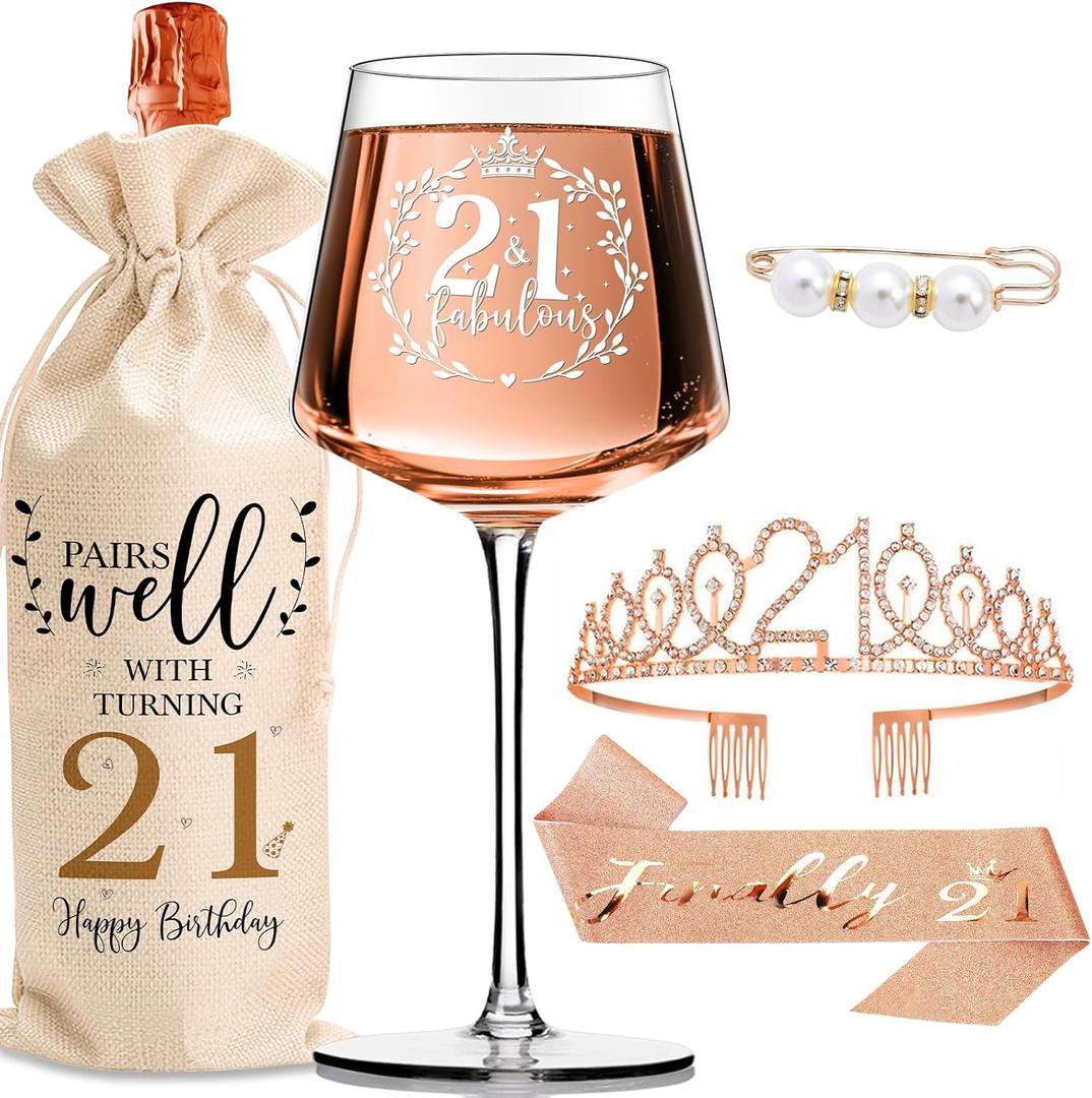 21st Birthday Gifts for Women Her - Sweet Decorations with Vintage Wine Glasses, Wine Bag, Birthday Sash, Crown, Elegant Princess Rhinestone Tiara, Perfect for Women, Sister, Daughter,BFF,Girlfriend