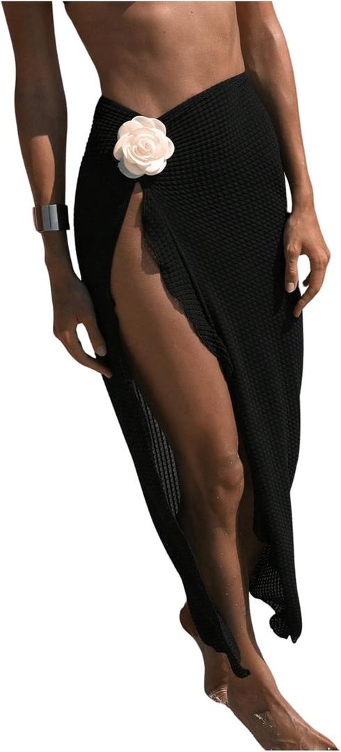 Women's Beach Cover Up Skirt 3D Flower Crochet Out High Split Swimsuit Bathing Suit Beach Skirt (Medium, Black)