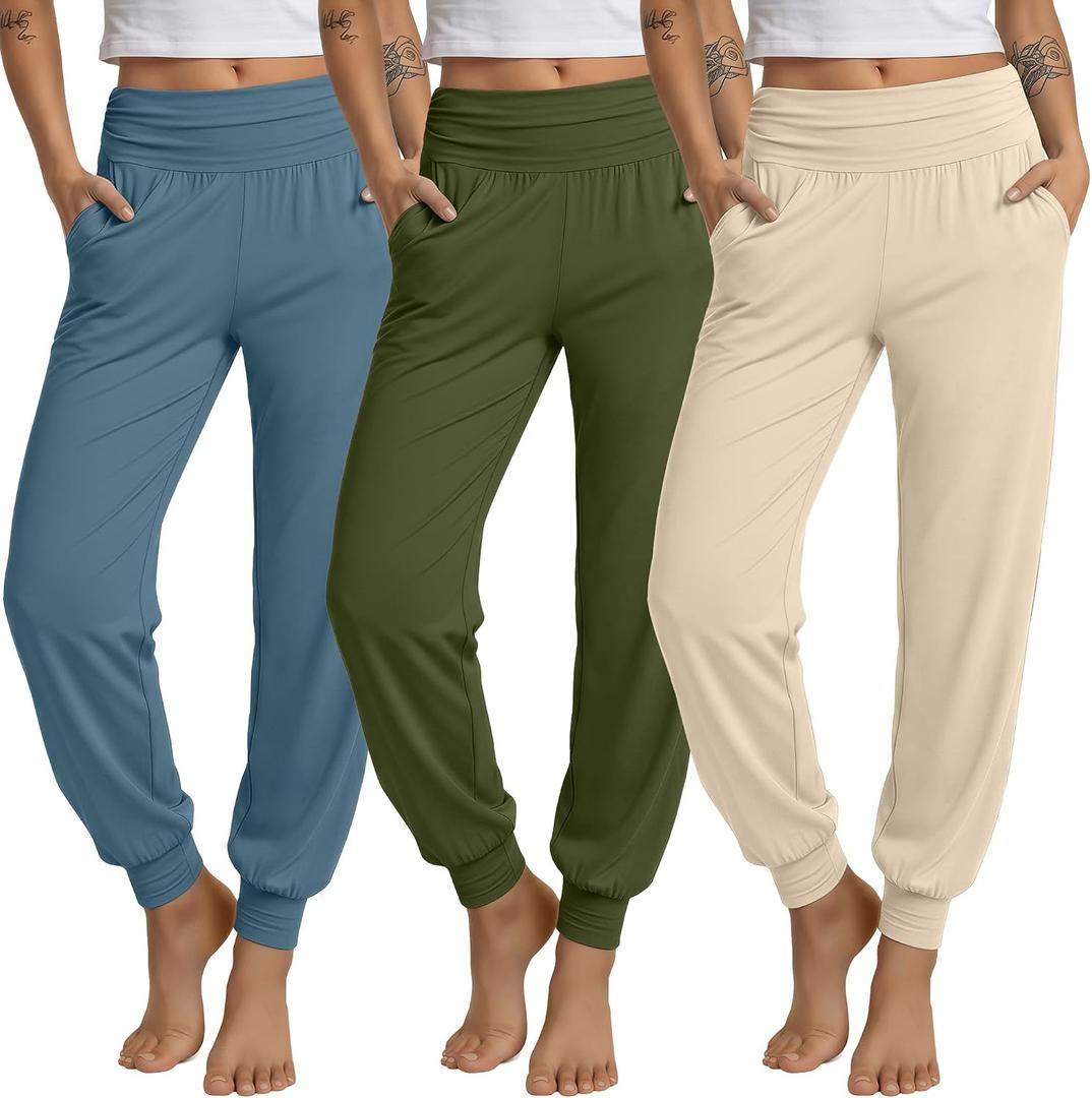 Ficerd 3 Pack Women's Lounge Pants Cozy Yoga Joggers with Pockets High Waisted Workout Lightweight Sweatpants Loose Fit Pants (M)