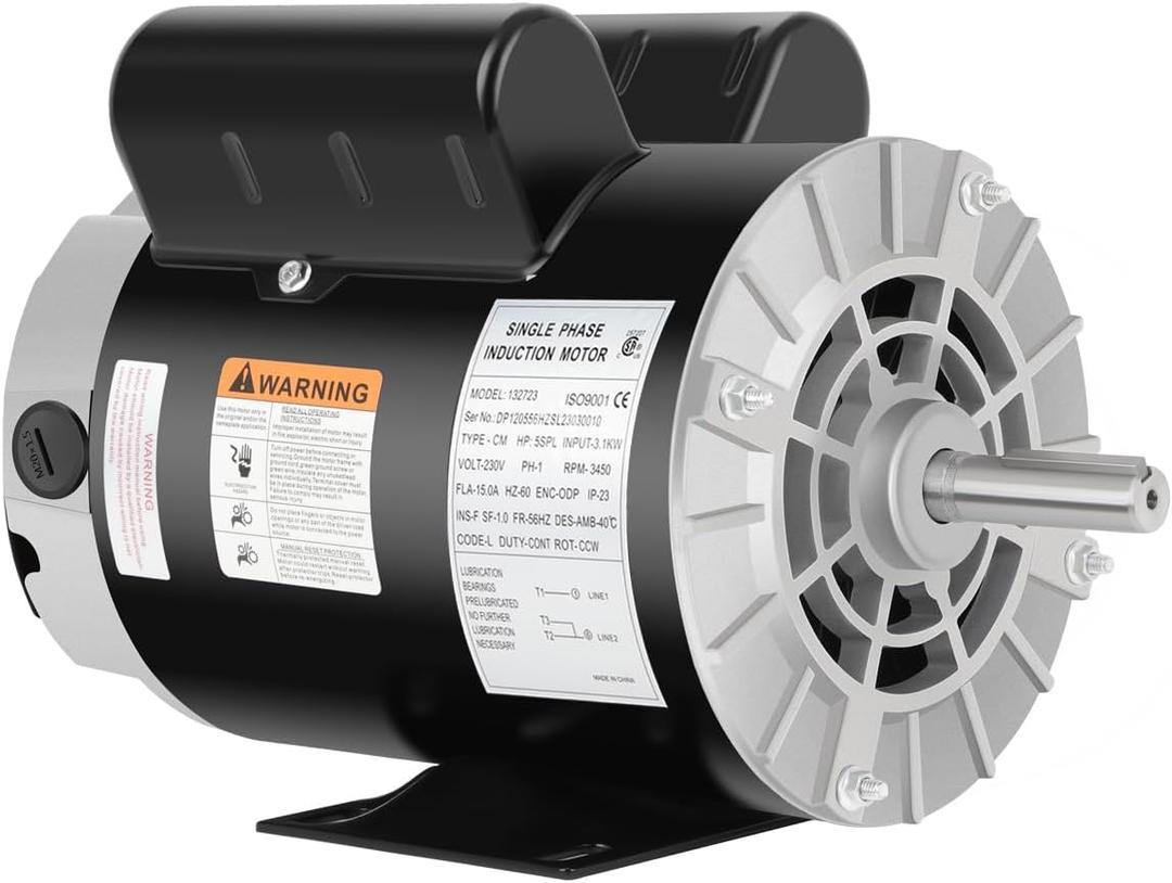 5 HP SPL Air Compressor Motor, 3450 RPM Electric Motor, 230V Single Phase Motor, Frame is 56HZ,7/8" Keyed Shaft Commercial-Duty CCW Rotatio for Air Compressors