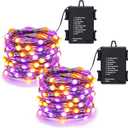 Lomotech Orange Purple Halloween Lights, 2 Pack 16.4ft 50 LED Battery Operated Halloween Fairy Lights with Timer Function, 8 Modes Waterproof Twinkle Lights for Halloween Decorations (Black Wire)