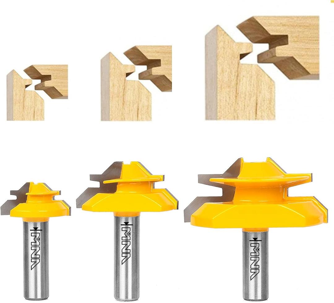 MNA 45 Degree Lock Miter Router Bit 3-Piece Set, for 1/2, 3/4, 1 Cutting Height, 1/2 Inch Shank. Easy to Create Lock Miter Joint