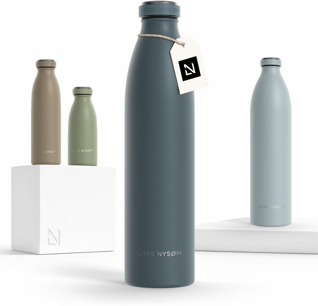 LARS NYSM Stainless Steel Insulated Water Bottle 12oz 17oz 25oz 34oz 51oz | Insulated Thermo Flask for Hot and Cold Beverages | Leakproof Drinking Bottle (Stone Blue, 33.9oz) (33.8 Ounces)