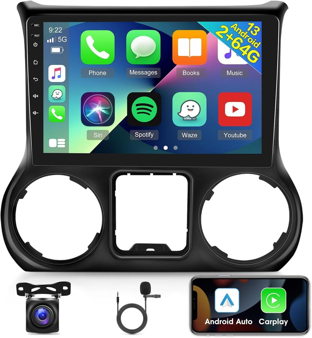 2GB+64GB Android 13 Car Radio for Jeep Wrangler 2011 2012 2013 2014, 10.1 inch Touch Screen Car Stereo, Carplay/Android Auto/Wi-Fi/Bluetooth +AHD Backup Camera+MIC