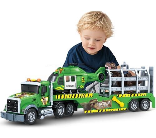 SpringFlower Carrier Dino Truck Kids Toys, 24“ Semi Truck Toy with Helicopter & Dino Toy with Lights, Sounds, Vehicle Toy for Toddlers 3 4 5 6 7, Birthday Gifts for Kids
