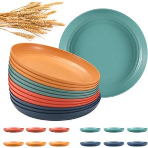12 Pcs Unbreakable Deep Dinner Plates Set, 9 inch Reusable Plastic Wheat Straw Plates, Microwave and Dishwasher Safe Plate for Kitchen, Lightweight Plate for Dessert, BPA Free, 4 Colors (4-Dark Multicolor)
