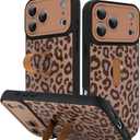 KANGHAR Compatible with iPhone 17 Pro Case Brown Leopard Print Pattern Cute Cheetah Wristband Stand Phone Cover for Women Girls Men Shockproof Slim Protective Cover 17 Pro 6.1 Inch