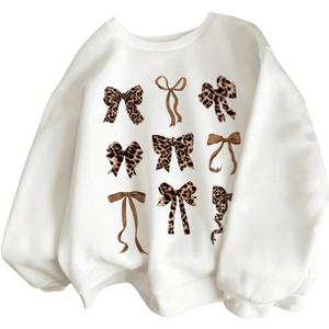 WDIRARA Girl's Leopard Bow Sweatshirt Crew Neck Long Sleeve Pullovers Graphic Top (White, 14Y)