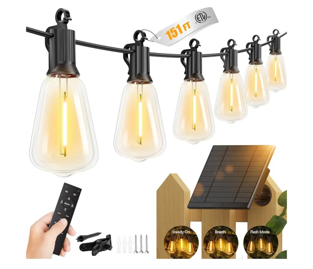 Brightown 151FT Solar String Lights Outdoor Waterproof with Remote, 48+2 LED Shatterproof Bulbs, Dimmable & Timable, 3 Light Modes - Commercial Grade Patio Lights for Garden Backyard Party Decor