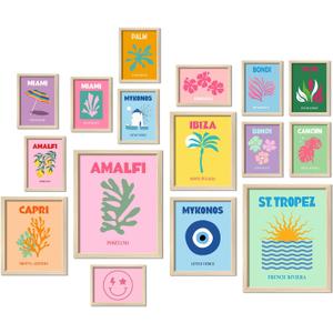 16 PCS Preppy Room Decor, Wall Art Prints for Bedroom, Travel Posters for Room Aesthetic, Wall Collage Kit Pictures for Living Room, Cute Dorm Gallery Home Decor, Preppy Stuff for Teen Girls (11"x14" Unframed, Light pink)