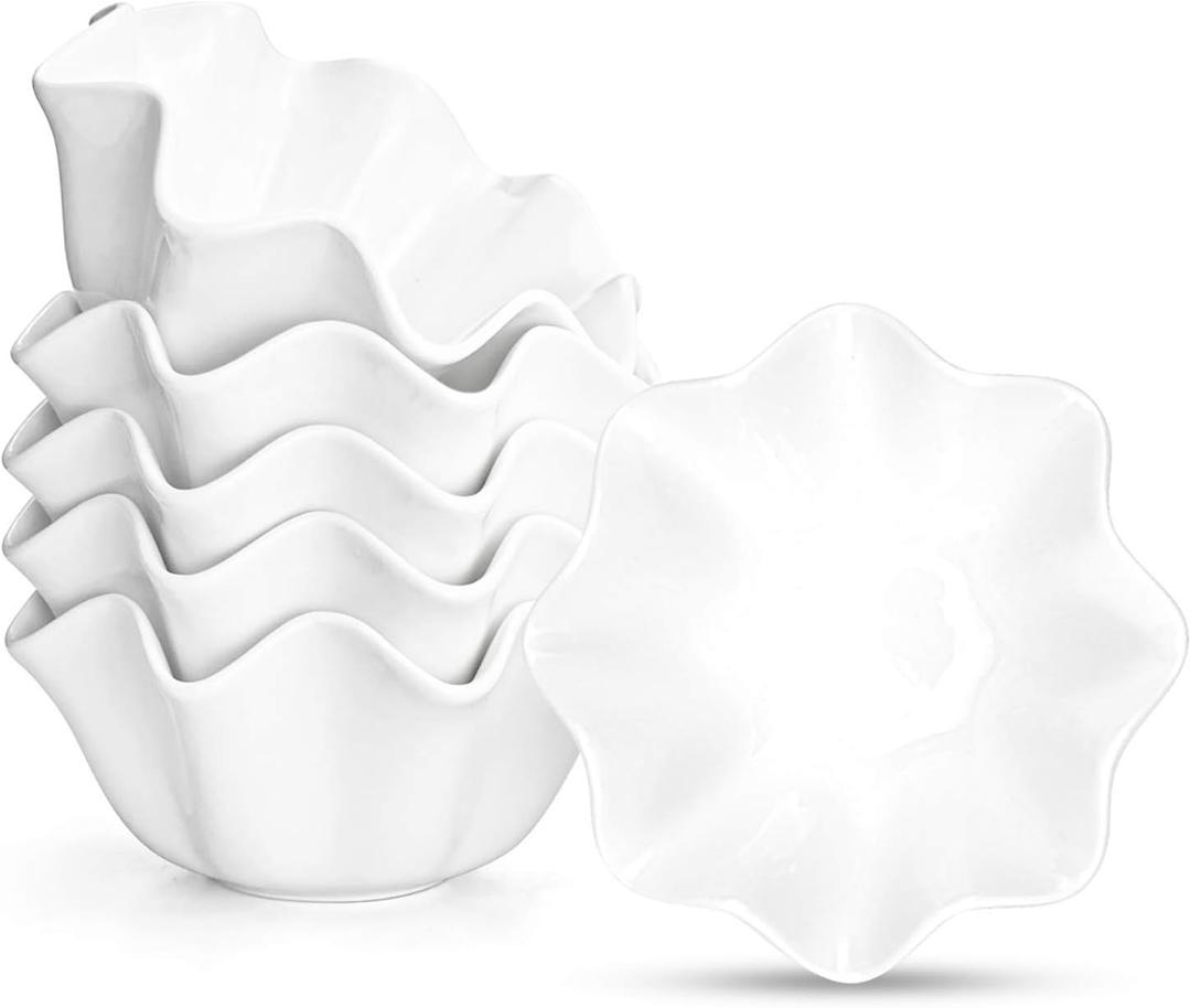 Foraineam 6 Pack Porcelain Dessert Bowls Baking Ramekins, 13 Ounce Flower Shaped Serving Bowls for Dipping Sauces, Souffle, Creme Brulee, Ice Cream, Dessert