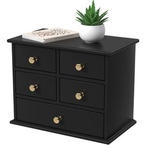 Oak Desk Organizer with Drawers, Durable Wooden Desktop Storage Box with Metal Handles & Non-Slip Silicone Pads, 5 Drawer Tabletop Organizer for Office, Bedroom, Bathroom, Vanity, and Makeup Black