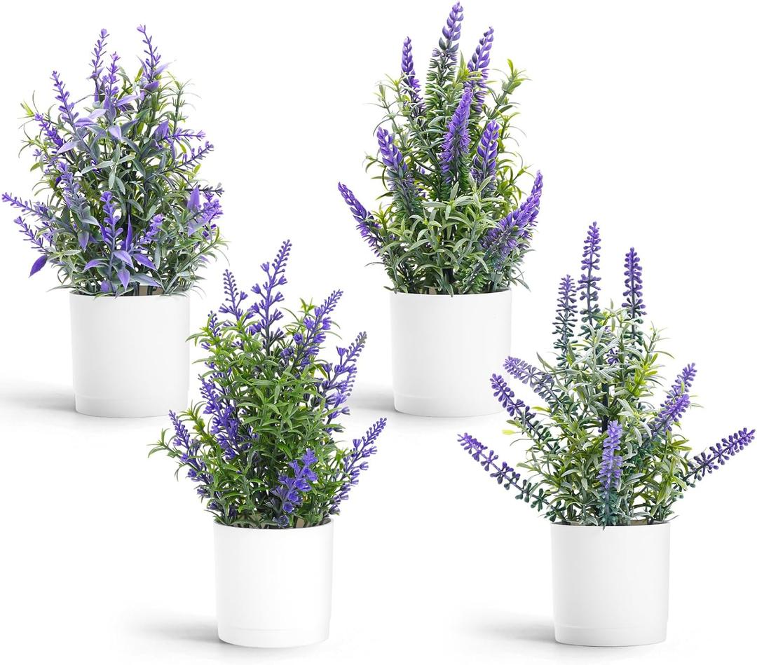 Lavender Flowers Artificial 4 Pack Small Fake Plant Potted 9.45" Lavender Flowers for Bathroom Kitchen Bedroom Farmhouse Shelves Desk Office Decor(4pcs)