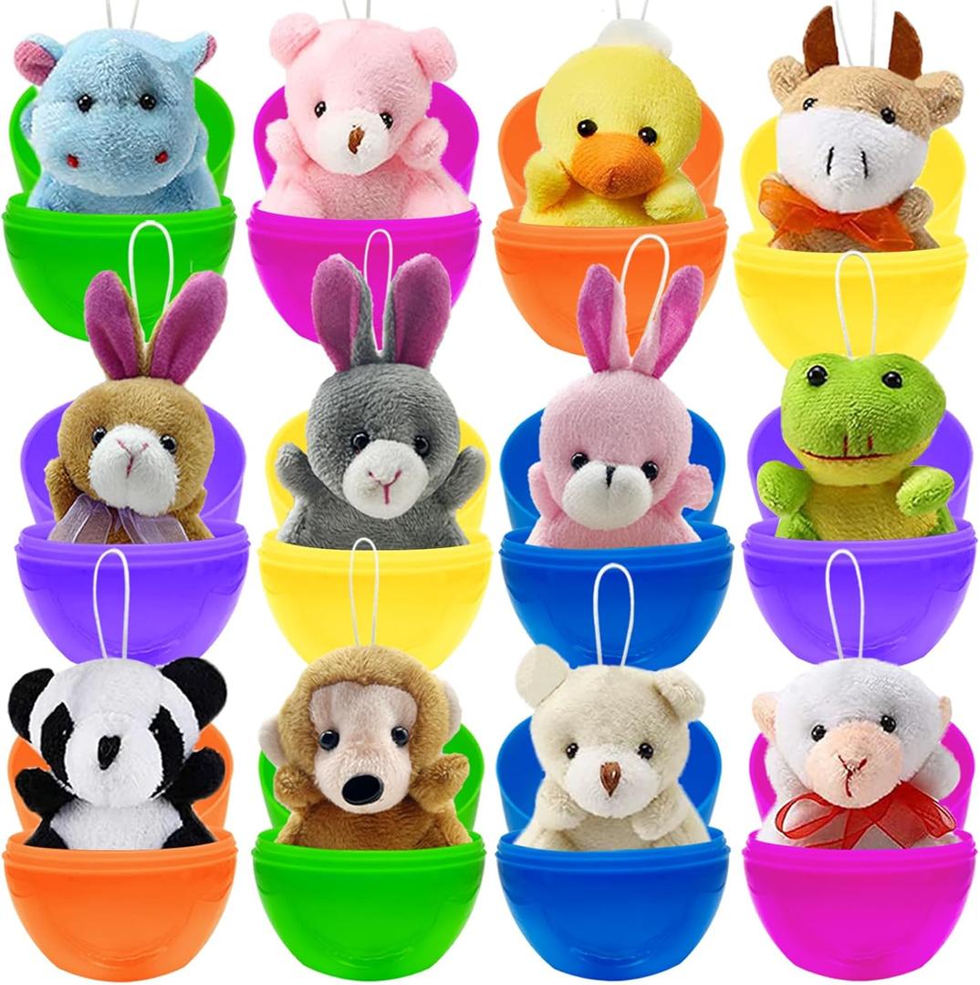 12 Pcs Prefilled Easter Eggs with Mini Stuffed Animal Plush Toys Filled Easter Eggs with Plush Toys Inside for Kids Egg Hunt, Basket Stuffers and Party Favors