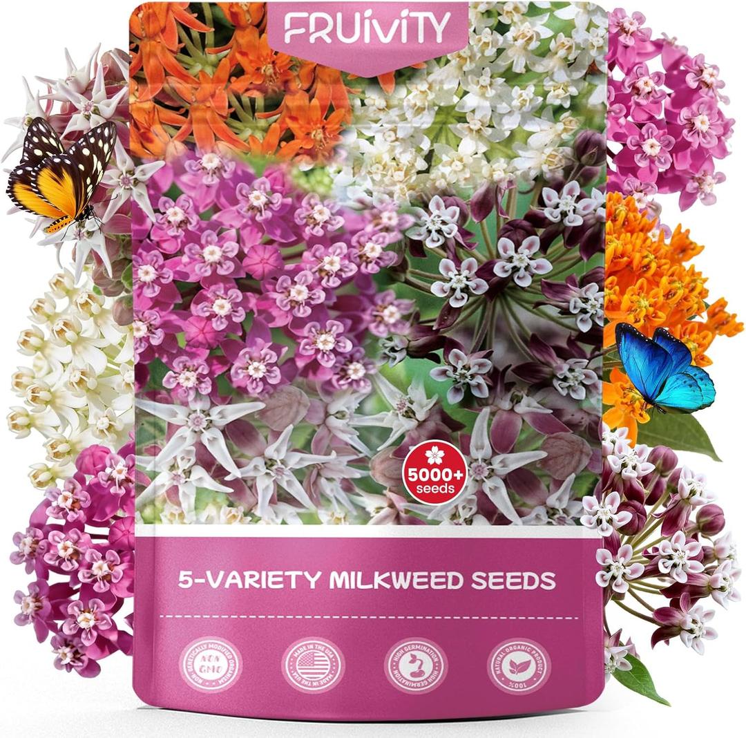 Milkweed Seeds Mix for Monarch Butterflies - Fruivity 5 Varieties Mixed Perennial Wildflower Milkweed Seeds Non-GMO Butterfly, Common, Showy, Pink Swamp & White Swamp - Flower Seeds for Garden