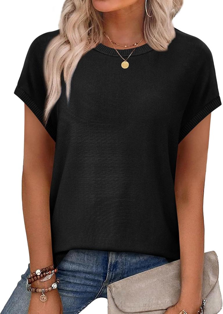 XIEERDUO Short Sleeve Sweater for Women Summer Lightweight Boho Tops Clothes Beach Vacation Outfits 2026,Large