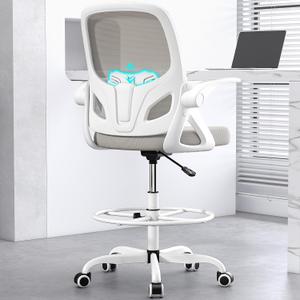 Tall Drafting Chair with Footrest Ring for Home and Work, Ergonomic Home Desk Office Chair with Flip up Arms and Lumbar Support, Extended Height Executive Desk Office Chair (Gray) 