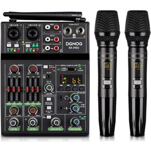 Professional Audio Mixer, 4 Channel Sound Mixer With Dual Wireless Mic, Sound Board Console MP3 Bluetooth 48V Phantom Power USB Interface DJ Mixing for Home Karaoke Party Computer Studio Recording