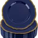 Hioasis 60pcs Blue Plastic Plates - Blue and Gold Disposable Dinnerware with Gold Rim, Heavy-duty, 7.5 inch, Dessert Plates for Party & Christmas