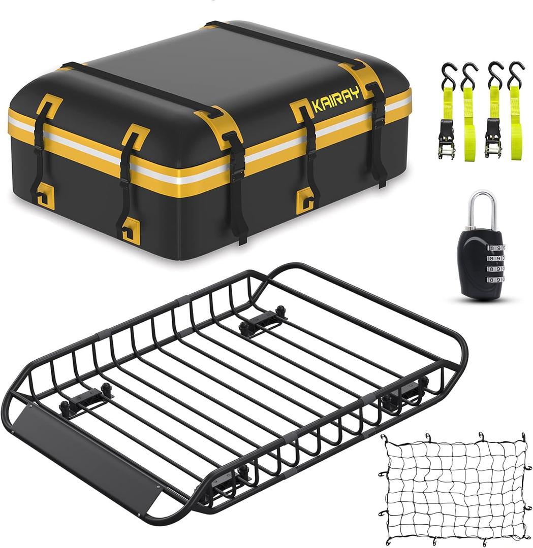 KAIRAY Roof Rack Cargo Basket 50"(L) x 36"(W) x 5.1"(H) Extendable Universal Rooftop Luggage Carrier for Truck Cars SUV with Waterproof Cargo Bag, Cargo Net, Ratchet Straps & Outdoor Combination Lock