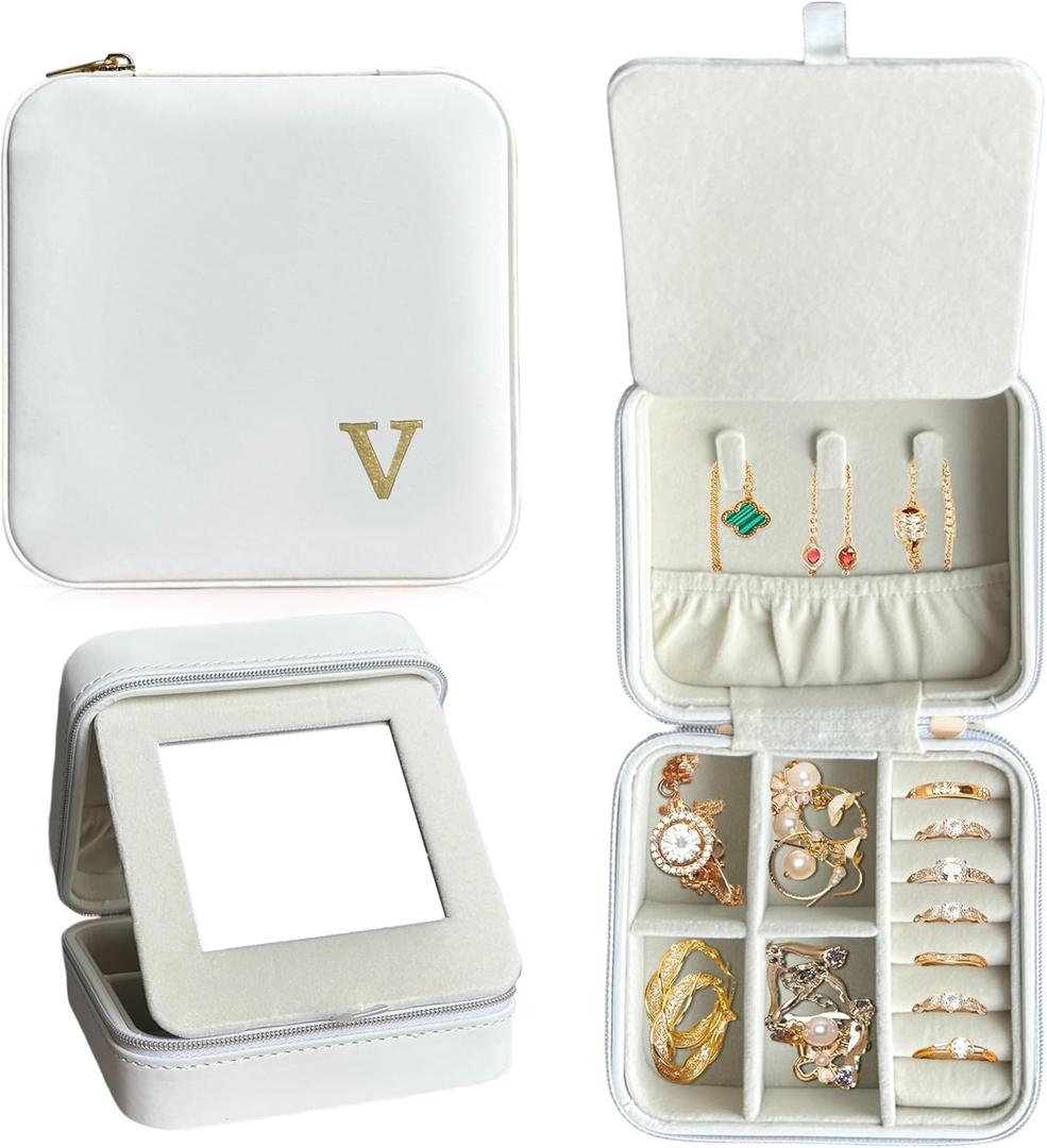 COLLECTIVE HOME - Travel Jewelry Case, Elegant Square Design with Gold Engraved Monogram, Built-in Mirror, Personalized Accessory Organizer for Rings, Necklaces, Gift for Women and Teens (v)