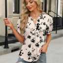 IECCP Womens Tops Dressy Casual Blouses Business Casual 2025 Summer Short Sleeve Shirts Cute V Neck Puff Pleated Tunic Top (Apricot Black Floral,XL)