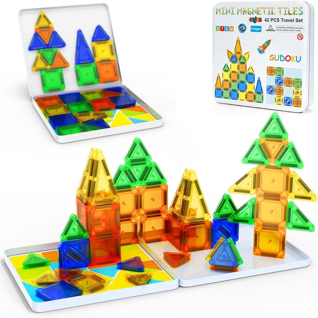 Mini Magnetic Tiles Travel Set with Case 42pcs, Bonus Sudoku Play, Mini Magnetic Blocks, Portable Travel Toy for Kids, STEM Educational Sensory Toys, Classroom Must Have