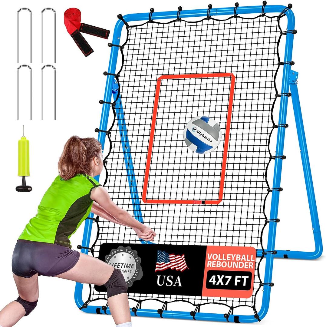 6-Angle Adjustable Volleyball Rebounder Net 7x4 ft with PU Volleyball and Stakes - Bounce Back Training Equipment for Practicing Volleying, Bumping, Spiking, Easy Set Up & Steady for Multi Sports