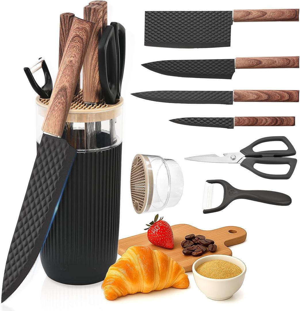 Knife Set, 7-Piece Kitchen Knife Set with Sharp Chef and Meat Knives, Anti-Rust Utility Knives Set for Kitchen, Kitchen Knife Block Set  Black
