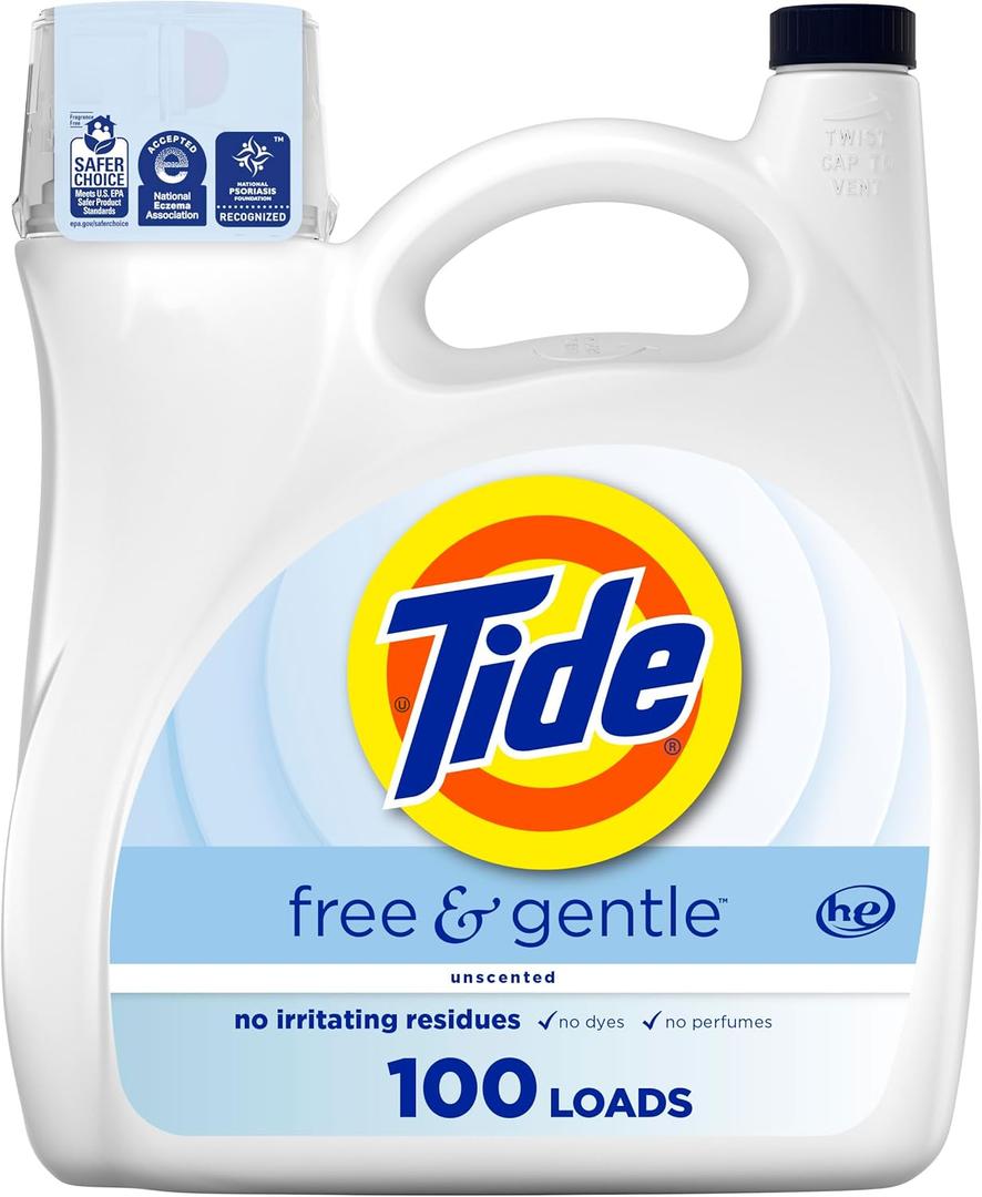 Tide Free & Gentle Liquid Laundry Detergent, 100 Loads, 132 fl oz, Tide Laundry Detergent, Clean Laundry Detergent