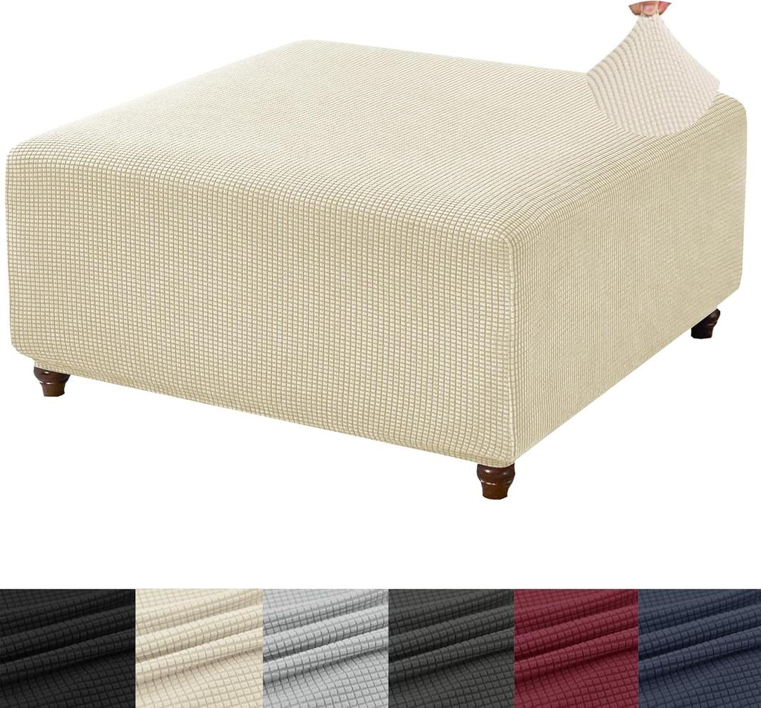 ANWUCHEN Ottoman Cover Square-Stretch Knitted Jacquard Square Ottoman Cover -Soft Square Ottoman Covers Slipcover -Thick Storage Ottoman Cover Foot Stool Cover with Elastic Bottom Large Beige