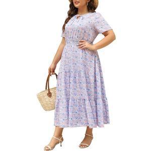 Keluummi Plus Size Maxi Dress for Women V-Neck Floral Empire Waist 3/4 Sleeve with Pockets