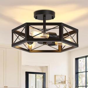 Mikniri 3-Light Kitchen Lighting Fixtures Ceiling Mount, Black Semi Flush Mount Ceiling Light for Dining Room Light Fixture, Farmhouse Close to Ceiling Lights with Hexagon Cage for Bedroom Hallway