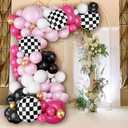 Pink Race Car Balloon Arch Kit,Hot Pink White Black Balloons Garland Kit with Black White Plaid Foil Balloons for Racing Car Theme Birthday Party