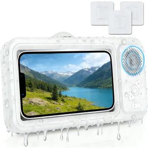 Waterproof Shower Phone Holder with Bluetooth Speaker, IPX4 Anti-Fog 360 Rotatable Suction Mount for Bathroom Kitchen