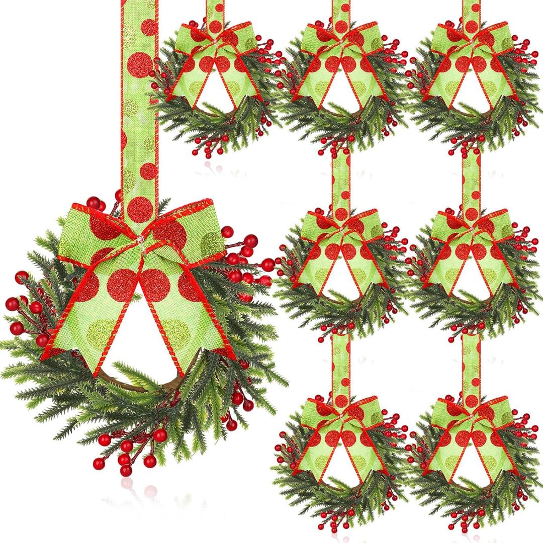 Dingion 8 Pcs 6 Inch Mini Cabinets Christmas Wreaths for Kitchen Mini Norfolk Wreath with Ribbon Bows and Berry Hanging Artificial Greenery for Farmhouse Door Wall Window Decor(Novel Style)